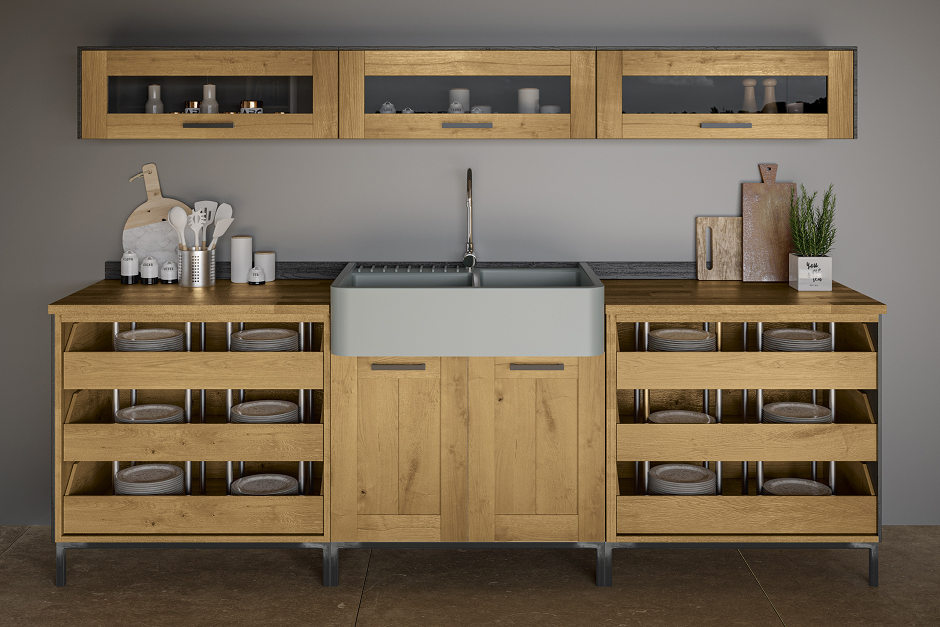 Oster Küche Modell BRADFORD in Wildeiche, Spülschrank, Schubladenschränke für Telleraufbewahrung und Hängeschränke