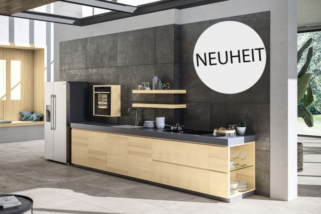 Oster Küche Modell ZERO in Ahorn, Ansicht seitlich von rechts